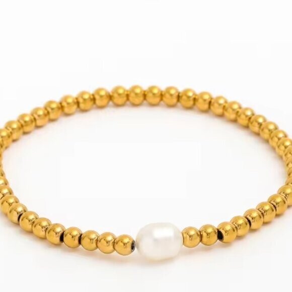 Gold Stretch Bracelet Gold Beads with Pearl Bracelet WATERPROOF non-tarnish gold - Picture 4 of 11